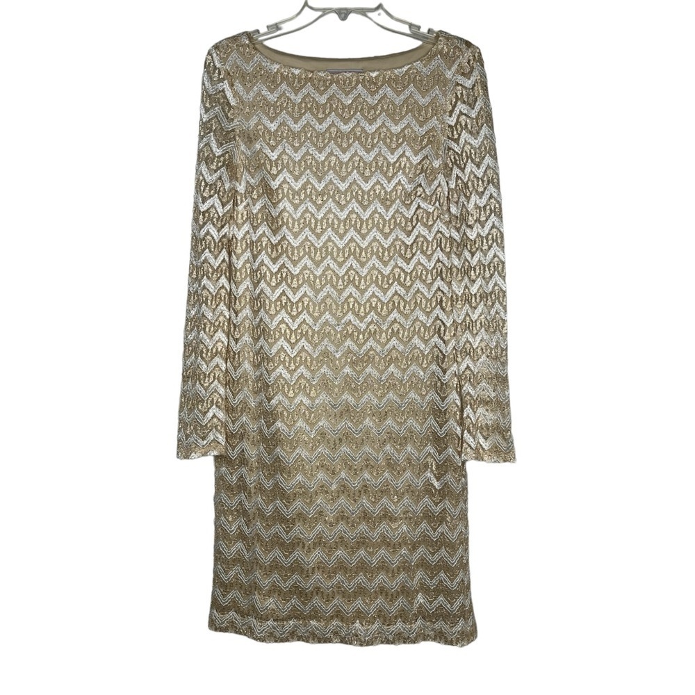 Jessica H Champagne White Lace Overlay Long‎ Sleeve Women's Dress 12 Cocktail